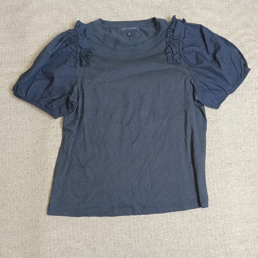 Tommy Hilfiger Puff Sleeve Top Womens M Navy Excellent Ruffle Shoulder Tee